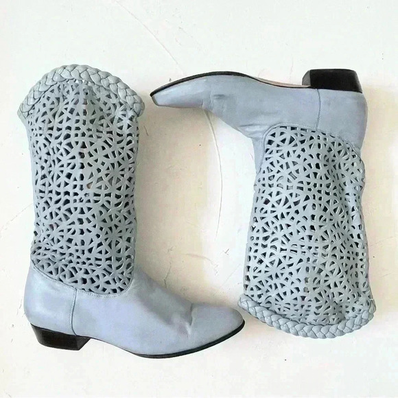 Vintage 80s Steve Fleming Western Blue Mid Calf Boots Perforated Cut Out Boho - Picture 7 of 9